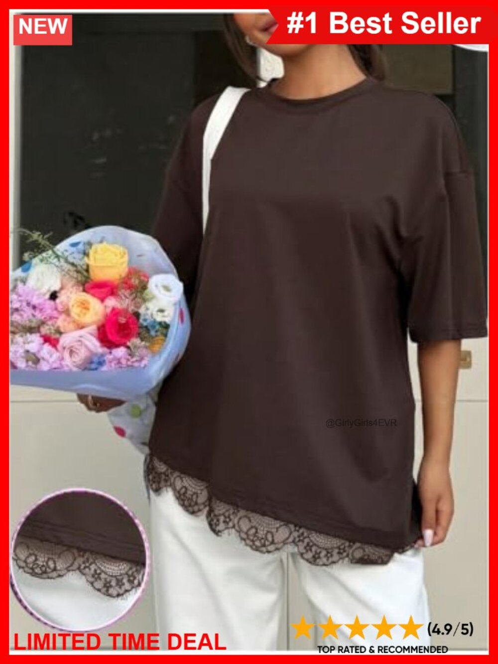 Plus Size Lace Trim Tunic T-Shirt Drop Shoulder Short Sleeve Crew Neck Top - Picture 3 of 4